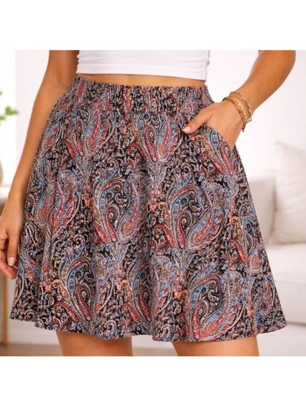 Gilli Women's Multicolor Paisley Stretch Elastic Waist A-Line Skirt Size XS